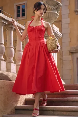 Vestido de Verano halter de algodón italiano color tomate de Adabella