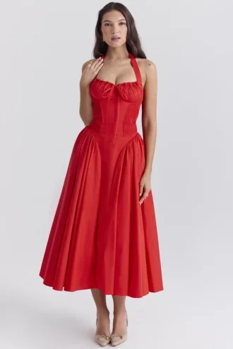 Vestido de Verano halter de algodón italiano color tomate de Adabella