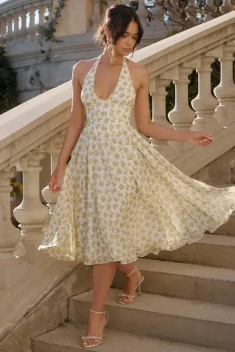 Vestido de Verano halter de georgette con estampado floral vintage «Solada» en color marfil