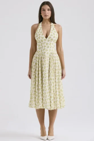 Vestido de Verano halter de georgette con estampado floral vintage «Solada» en color marfil