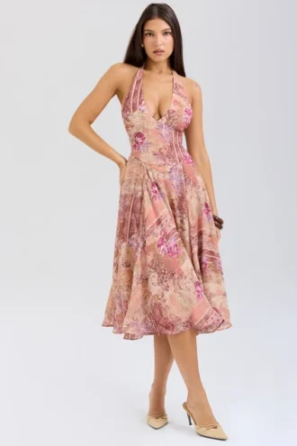 Vestido de Verano halter de georgette con estampado patchwork de cachemira «Solada»