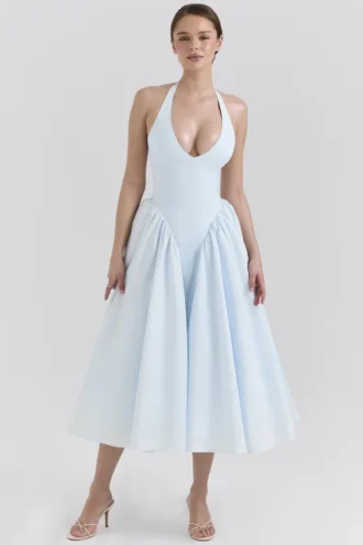 Vestido de Verano halter de sarga de algodón azul claro «Marilyn»
