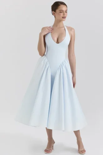 Vestido de Verano halter de sarga de algodón azul claro «Marilyn»