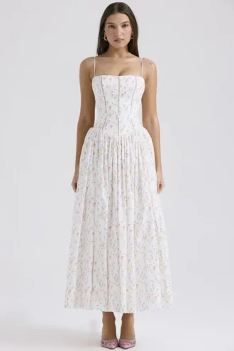Vestido de Verano largo de algodón con estampado de ramilletes «Ysabella» en blanco