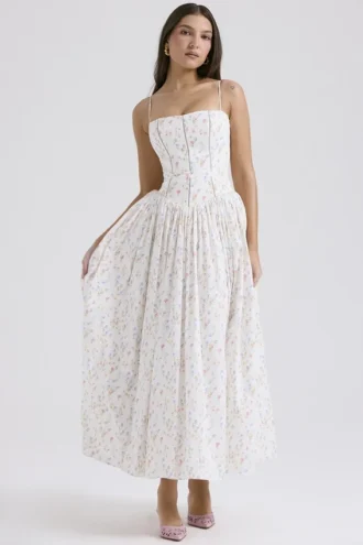 Vestido de Verano largo de algodón con estampado de ramilletes «Ysabella» en blanco