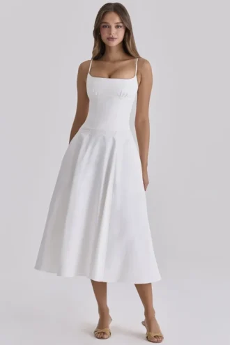 Vestido de Verano midi blanco de algodón con ribete de bordado inglés «Liora»