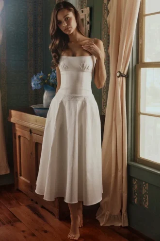 Vestido de Verano midi blanco de algodón con ribete de bordado inglés «Liora»