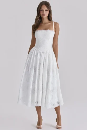 Vestido de Verano midi blanco de encaje y algodón de Chloe