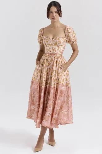 Vestido de Verano midi de manga abullonada con estampado de amapolas en color melocotón «Penelope»