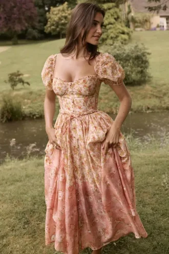 Vestido de Verano midi de manga abullonada con estampado de amapolas en color melocotón «Penelope»
