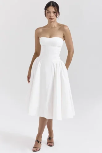 Vestido de Verano midi sin tirantes de algodón blanco «Georgiana»