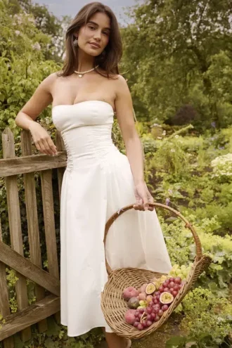 Vestido de Verano midi sin tirantes de algodón blanco «Georgiana»