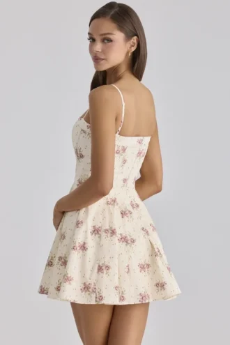 Vestido de Verano mini acampanado de algodón con estampado de rosas vintage «Dolly» en color marfil