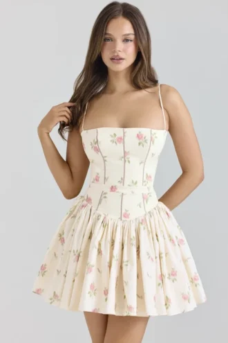 Vestido de Verano mini de algodón elástico con estampado de rosas en color crema «Ysabella»
