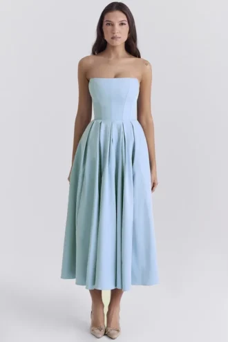 Vestido de Verano sin tirantes «Audrey» en azul toscano