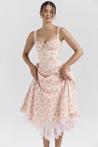 Vestido de Verano tipo bustier de algodón con estampado de amapolas en color melocotón «Rosalee»
