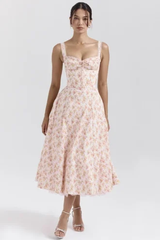 Vestido de Verano tipo bustier de algodón con estampado de amapolas en color melocotón «Rosalee»