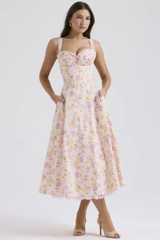Vestido de Verano tipo bustier de algodón con estampado de pradera rosa «Rosalee»