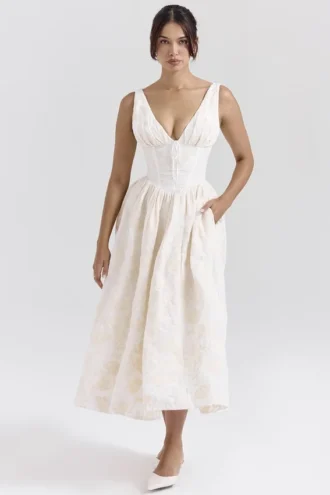 Vestido de Verano tipo corsé con bordado floral vintage en color marfil «Emmelina»