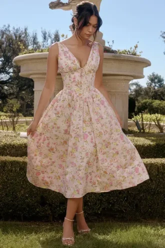 Vestido de Verano tipo corsé de algodón con estampado de pradera rosa de Emmelina