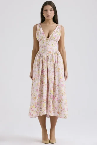 Vestido de Verano tipo corsé de algodón con estampado de pradera rosa de Emmelina