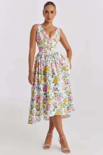 Vestido de Verano tipo corsé de algodón con estampado de rosas vintage en blanco «Emmelina»