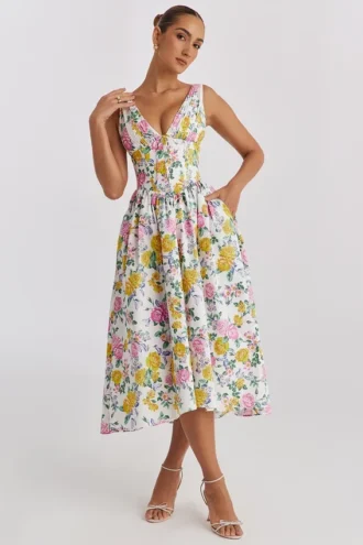 Vestido de Verano tipo corsé de algodón con estampado de rosas vintage en blanco «Emmelina»