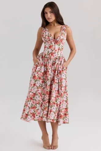 Vestido de Verano tipo corsé de algodón elástico con estampado floral de rosas Emmelina
