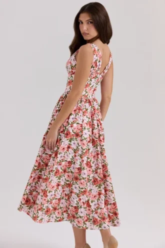Vestido de Verano tipo corsé de algodón elástico con estampado floral de rosas Emmelina