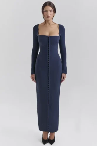 Vestido largo ajustado «Corinthia» en azul medianoche