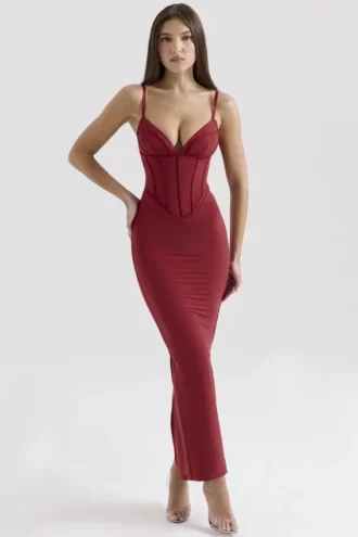 Vestido largo ajustado de malla «Romy» en color vino