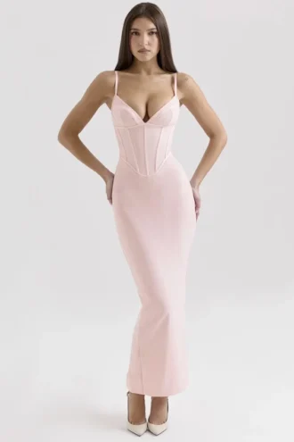 Vestido largo ajustado de malla rosa «Romy»