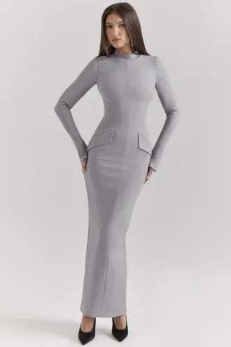 Vestido largo ajustado «Marie-Louise» en gris claro