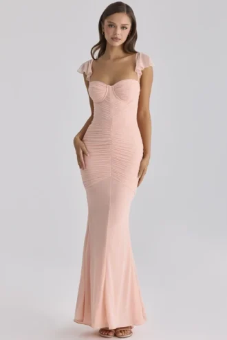 Vestido largo Antonella con silueta de malla color melocotón