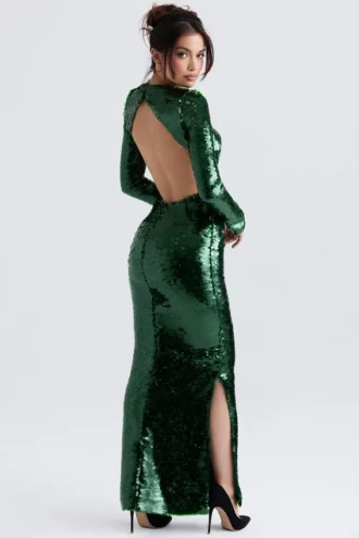 Vestido largo Belle con lentejuelas en verde pino