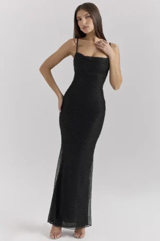 Vestido largo «Calla» con adornos de perlas negras