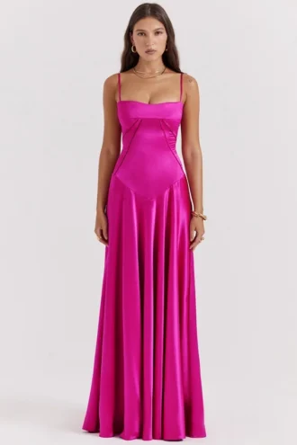 Vestido largo con cordones «Anabella» en fucsia