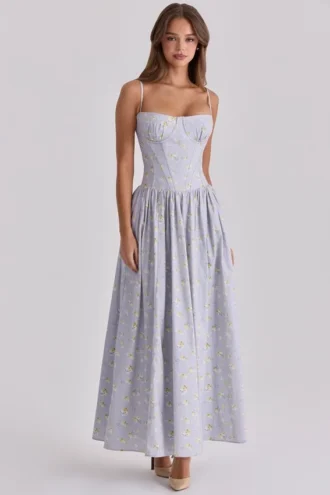 Vestido largo con cordones de algodón y estampado de flores silvestres azul Rona