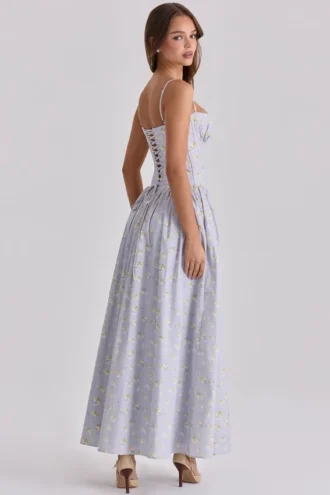Vestido largo con cordones de algodón y estampado de flores silvestres azul Rona