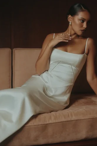 Vestido largo con cordones de satén marfil «Anabella»