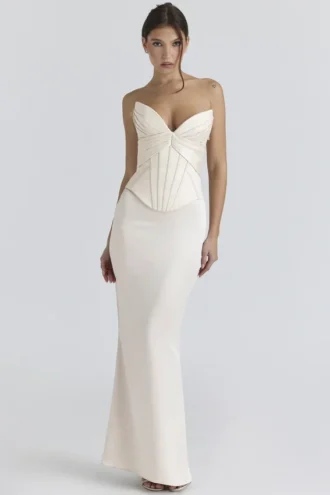 Vestido largo con corsé de satén marfil «Eve» – Edición limitada