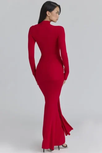 Vestido largo con drapeado en la cadera Imogen en rojo escarlata