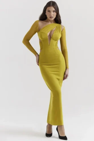 Vestido largo con escote pronunciado Zahra en color chartreuse