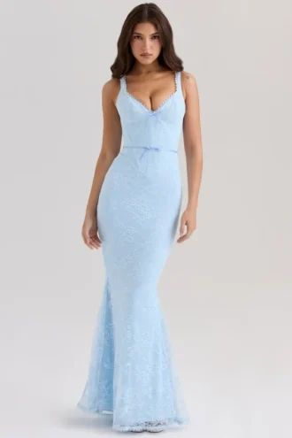 Vestido largo con godets de encaje azul «Sarai»