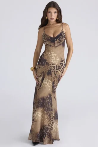 Vestido largo con paneles de georgette y estampado de leopardo «Sacha» – Edición limitada