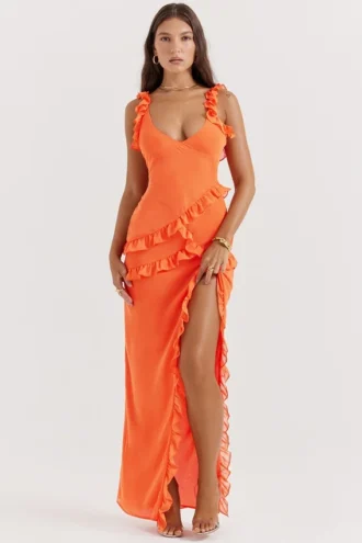 Vestido largo con volantes Pixie en naranja llama
