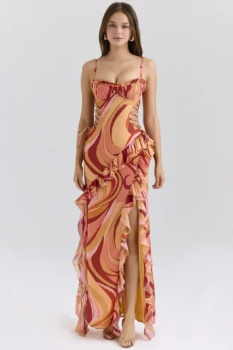 Vestido largo con volantes y estampado Lumira Sunset Swirl