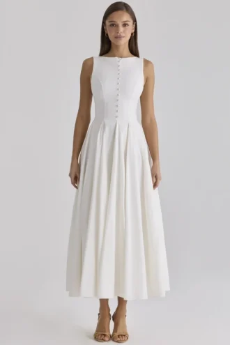Vestido largo de algodón con cuello barco y botones en la parte delantera «Azalina» en blanco