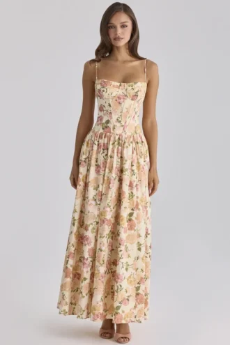 Vestido largo de algodón con estampado de rosas cálidas de Rona