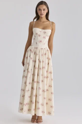 Vestido largo de algodón con estampado de rosas vintage Rona Ivory